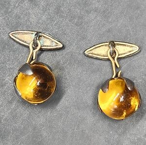 Vintage 60s cufflinks amber bronze tone chain back round formal jewelry classic
